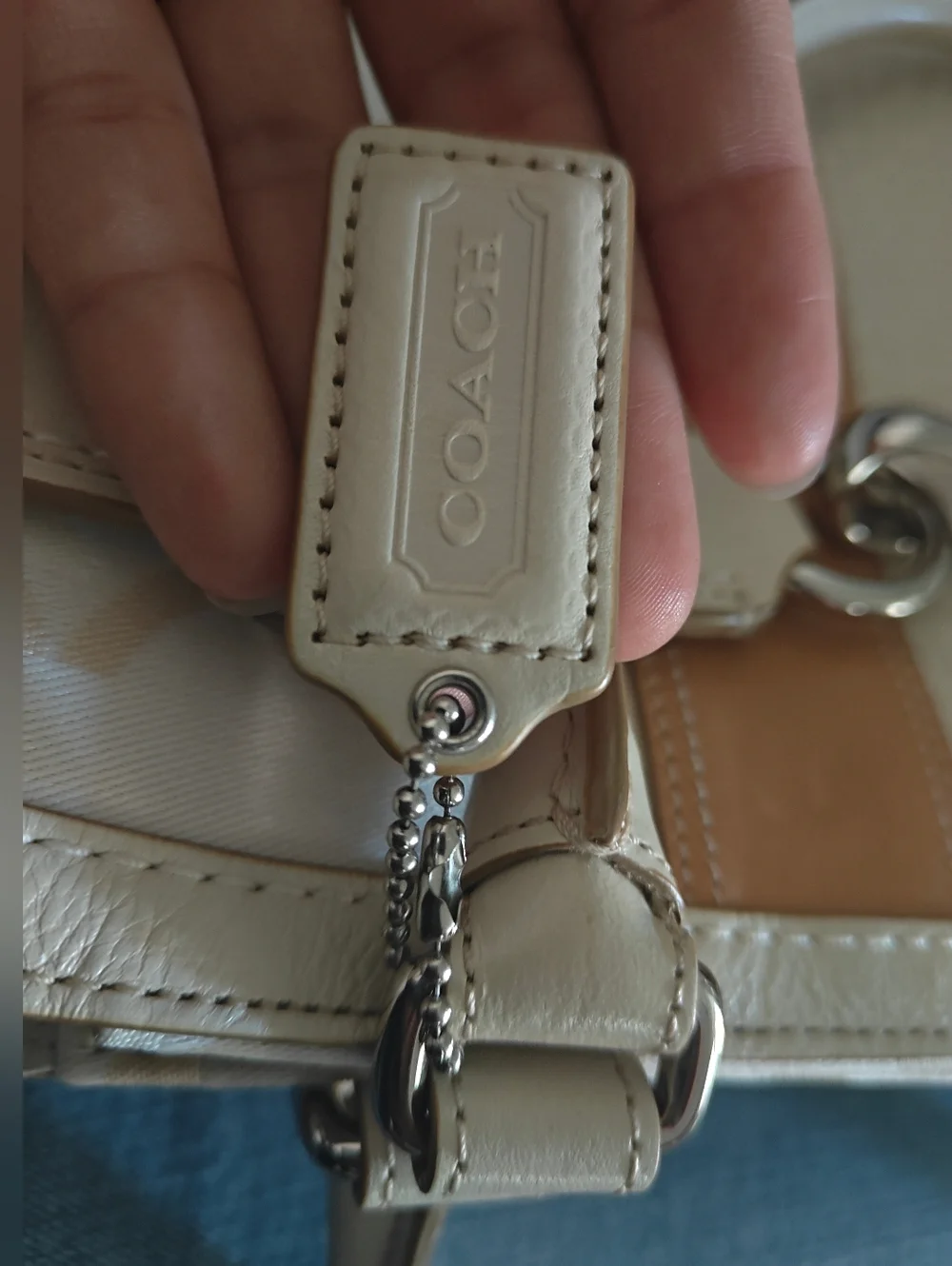Coach Cream and Tan Signature Stripe Shoulder Bag - Picture 6 of 6